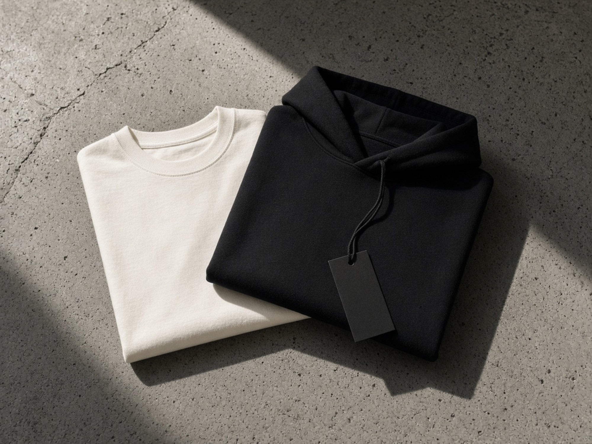 Folded ivory t-shirt and black hoodie on concrete