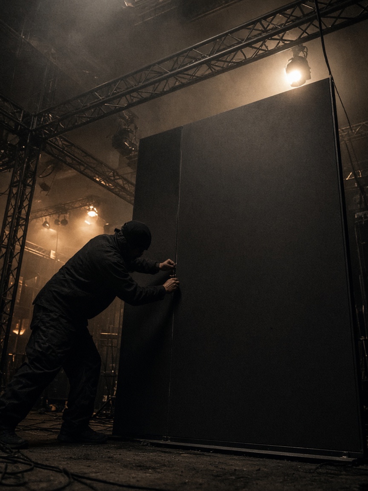 Crew member installing a black wall panel under lighting truss