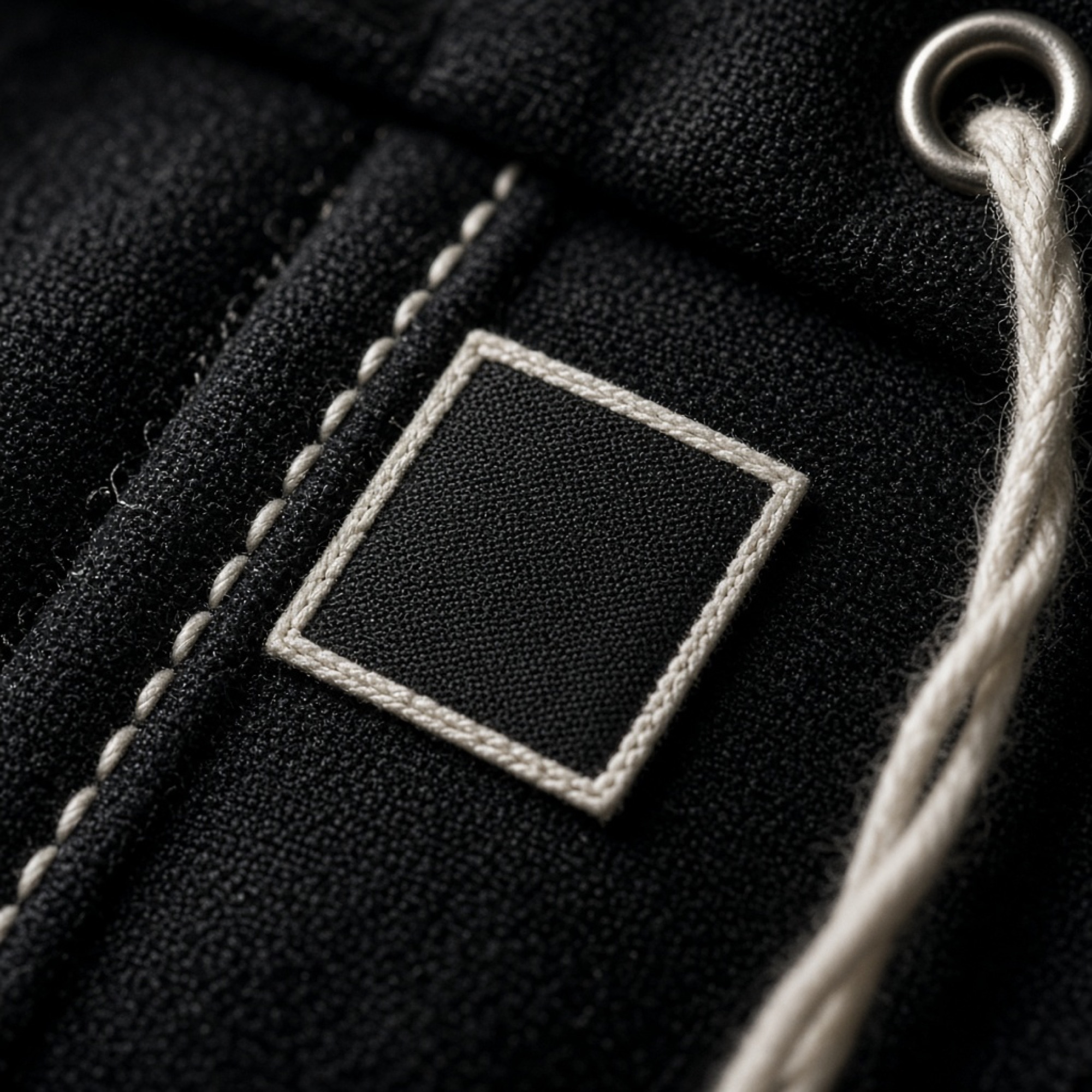 Black woven label sewn into a seam