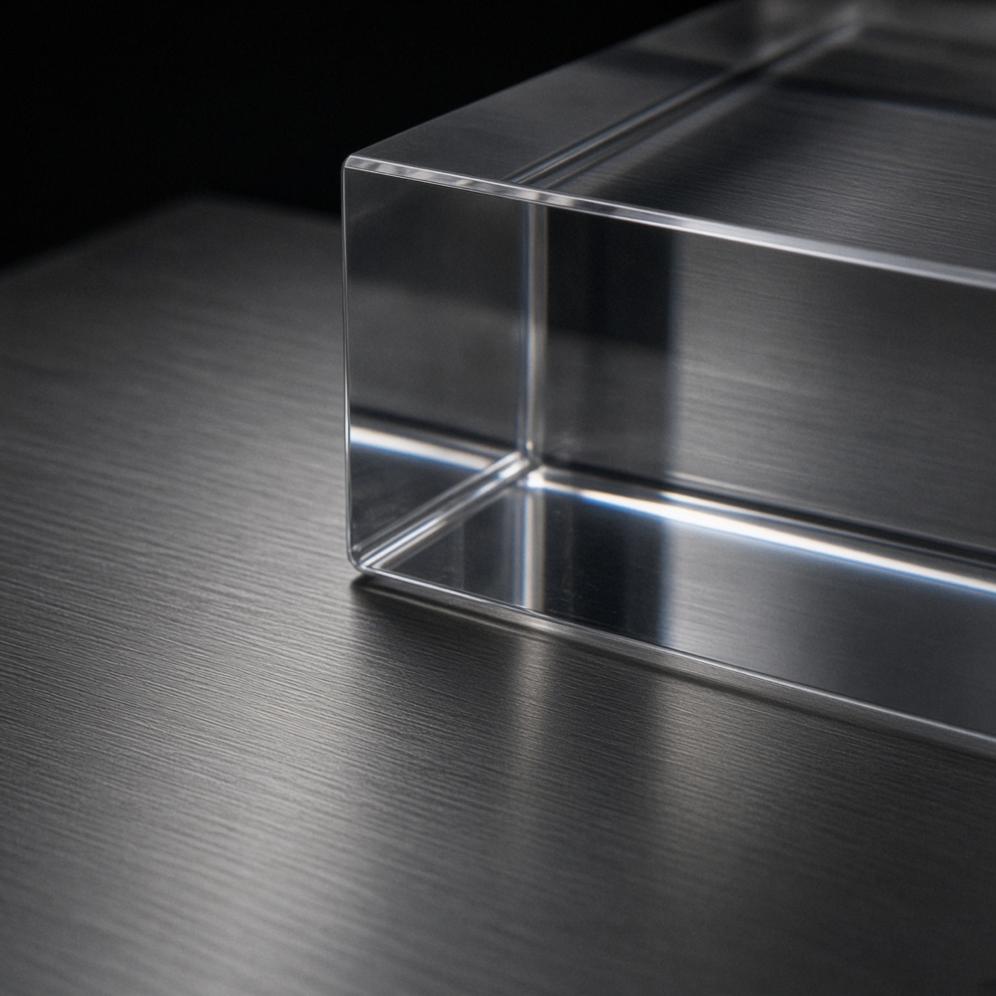 Clear acrylic block on brushed steel
