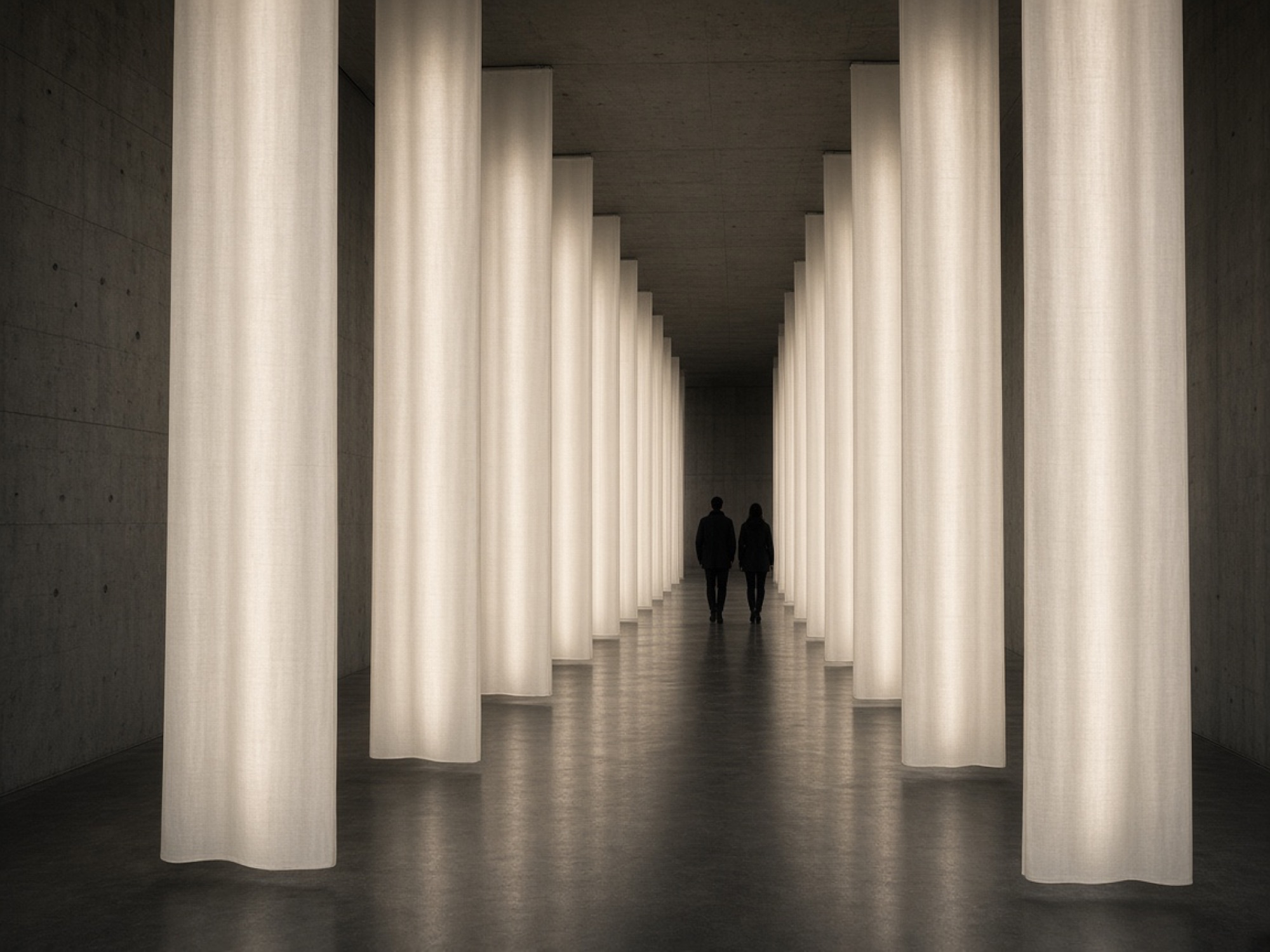 Corridor of backlit ivory fabric panels in a gallery