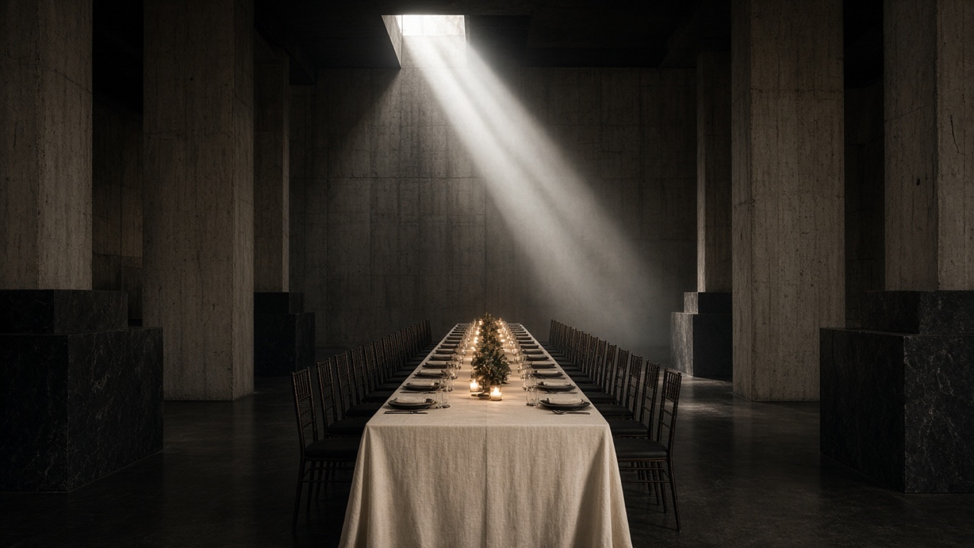 Long dinner table in a brutalist concrete hall lit by a single beam